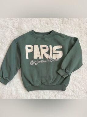 Zara Gender Neutral Olive Green Crewneck Sweatshirt with Raised Cream Paris Text